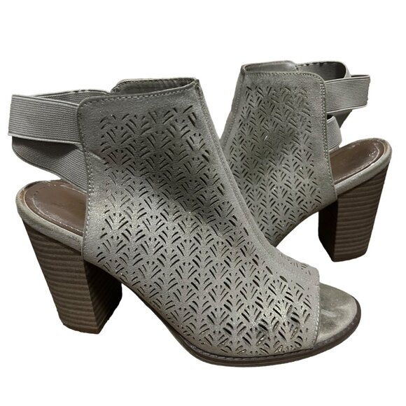 Kenneth Cole Beige Gold Shimmer Open Toe Ankle Booties Sz 8 Chunky Heel Womens - Picture 8 of 12